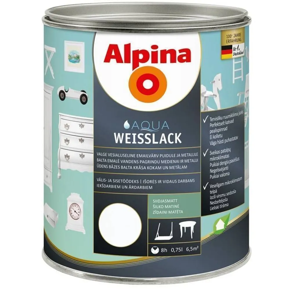 UNIVERSAALVÄRV ALPINA AQUA WEISSLACK 0,75L VALGE SIIDJASMATT