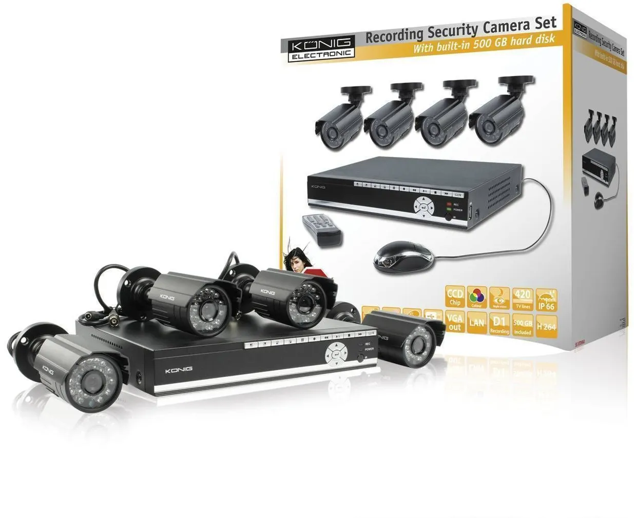TURVASÜSTEEM KÖNIG 4 KAAMERAT+SALVESTUSKESKUS 15M IP66 500GB