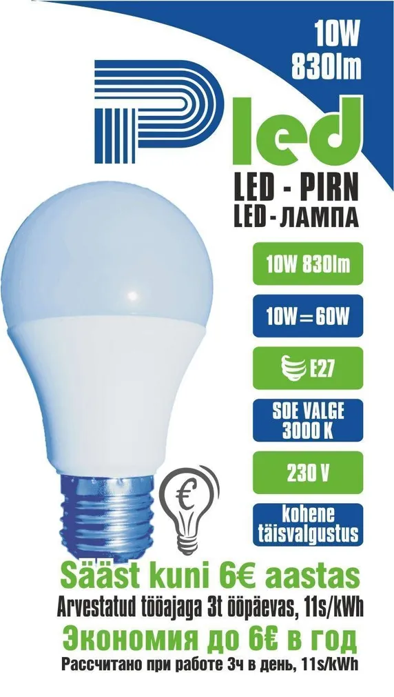 LEDLAMP 10W 830LM A60 E27 PLED