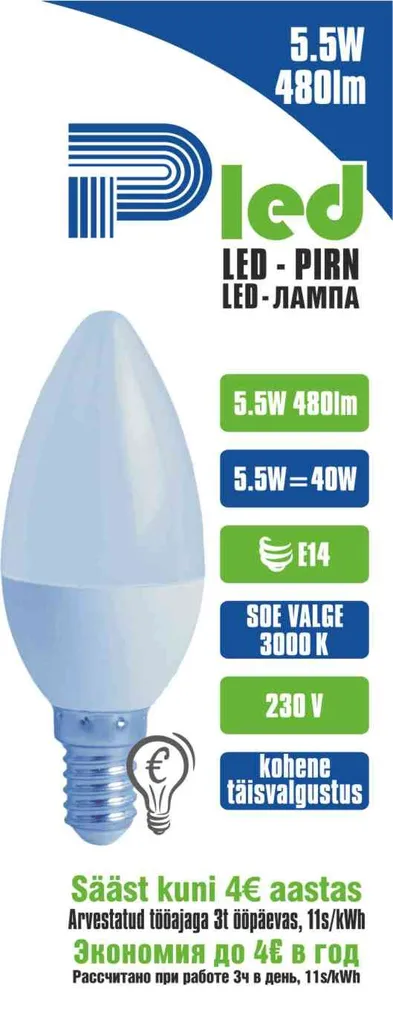 LEDLAMP 5.5W 480LM C37 E14 PLED
