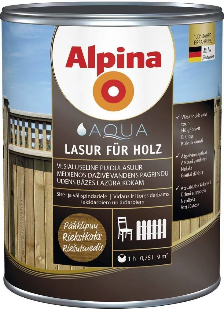 PUIDUKAITSEVAHEND ALPINA AQUA LASUR FÜR HOLZ 0,75L PÄHKLIPUU