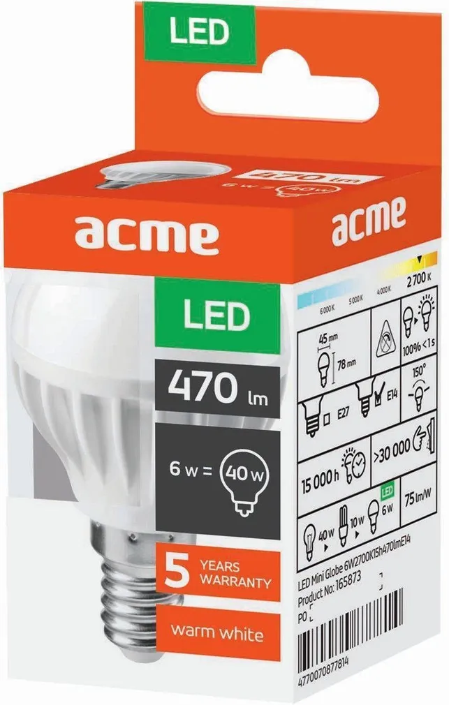 LED LAMP 6W E14 GLOBE 2700K 470LM ACME