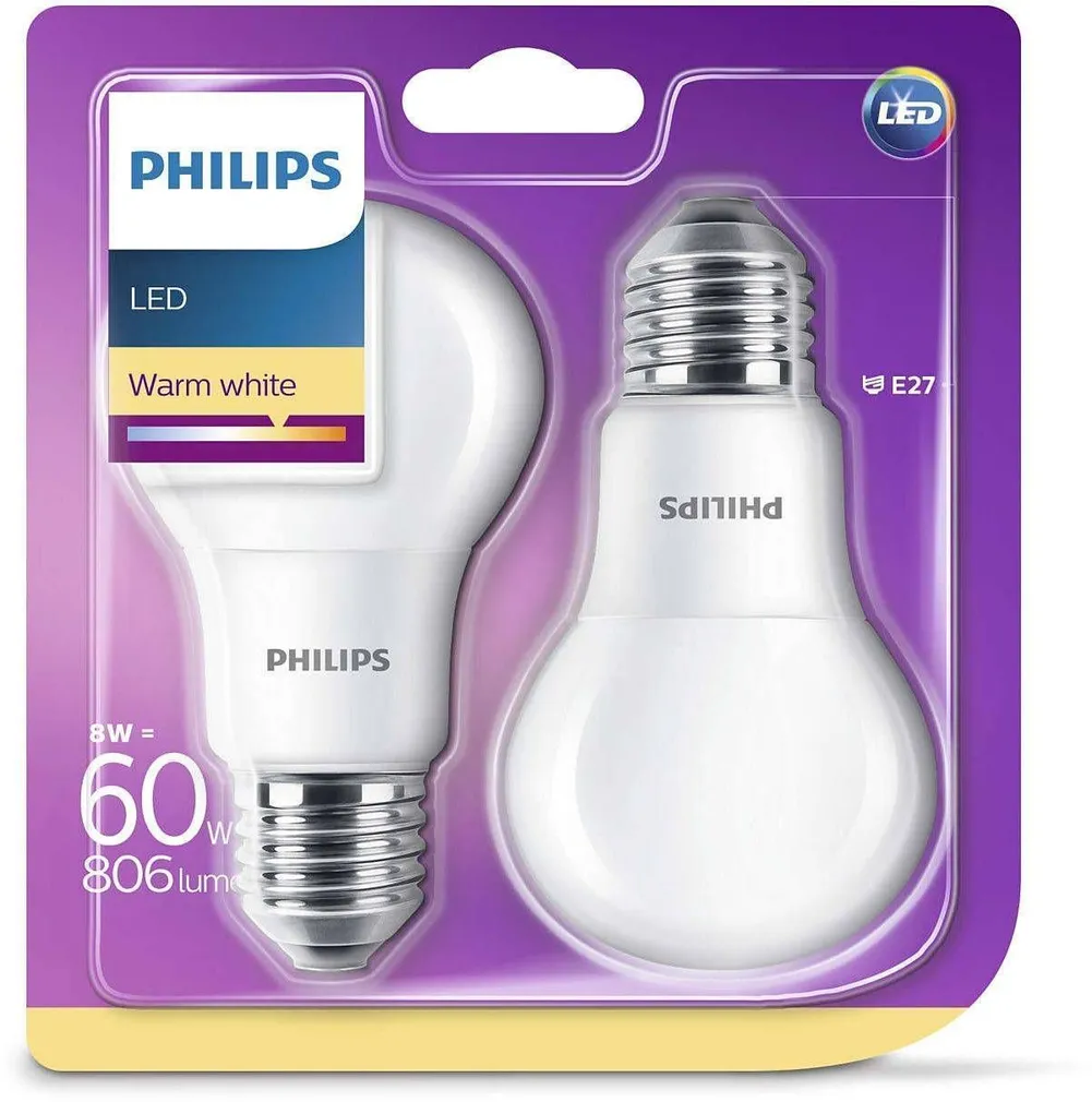 LED LAMP PHILIPS 8-60W E27 A60 WW FR ND 2TK PAKIS