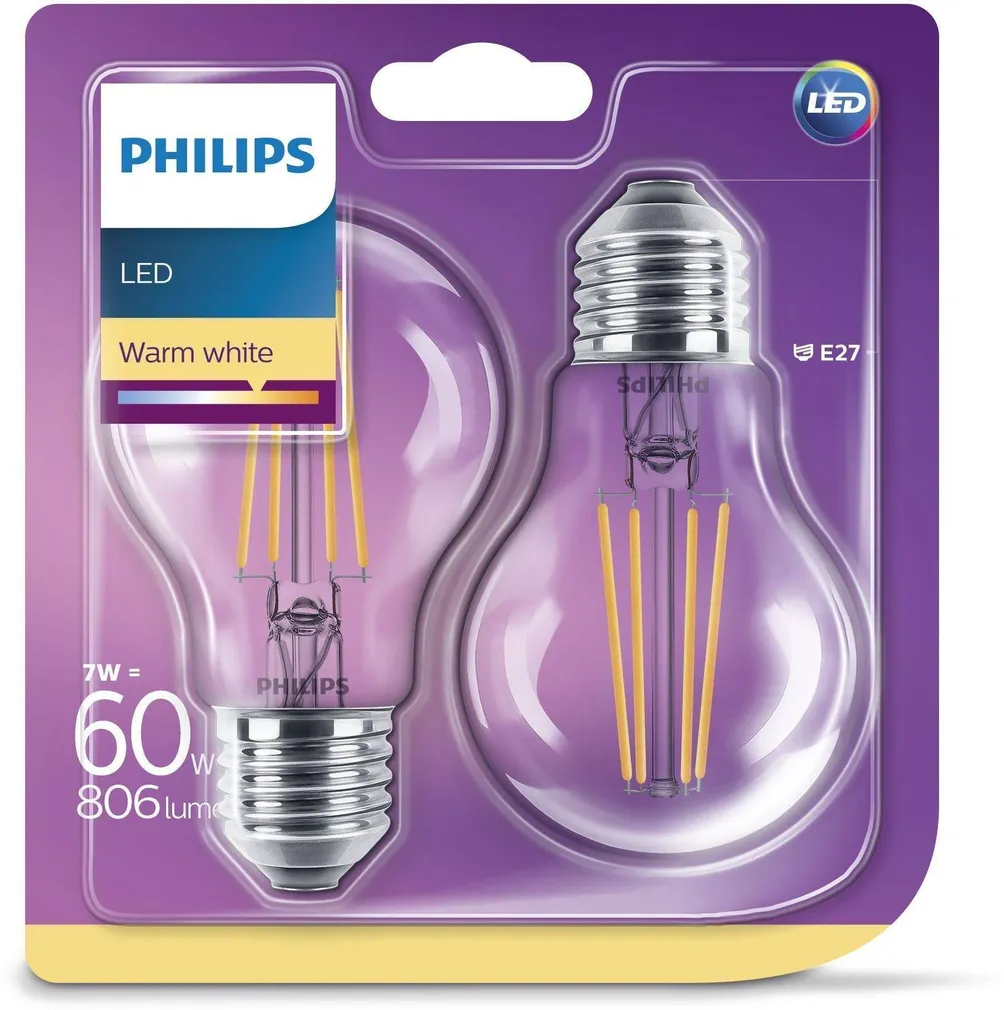 LED LAMP PHILIPS 6-60W E27 A60 WW CL ND CLASSIC FILAMENT 2TK PAKIS