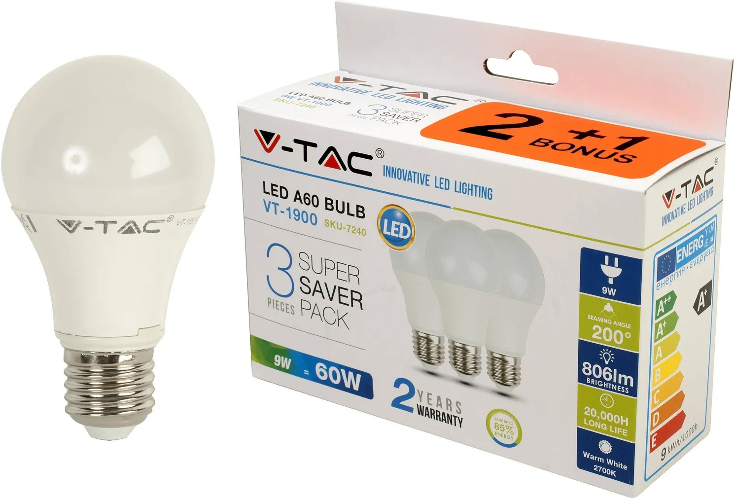 LED LAMP 9 W E27 506LM 3TK PAKIS V-TAC