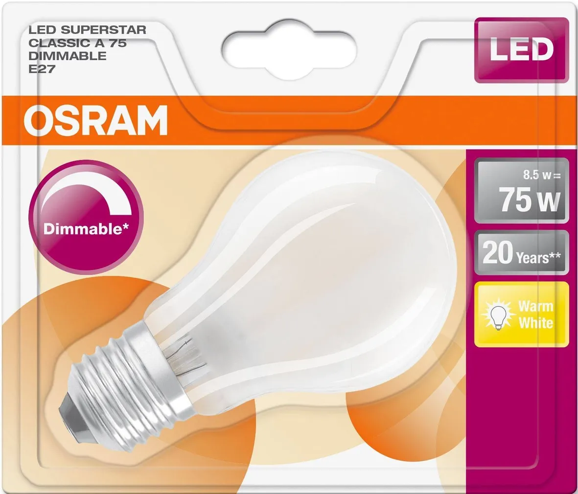 LED LAMP OSRAM LED RETROFIT CLASSIC 8,5W E27 A60 2700K 1055LM DIMMERDATAV MATT