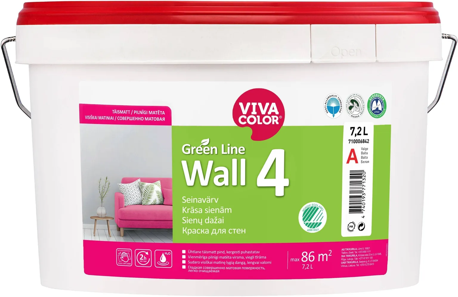 SEINAVÄRV VIVACOLOR GREEN LINE WALL 4 7,2L VALGE TÄISMATT