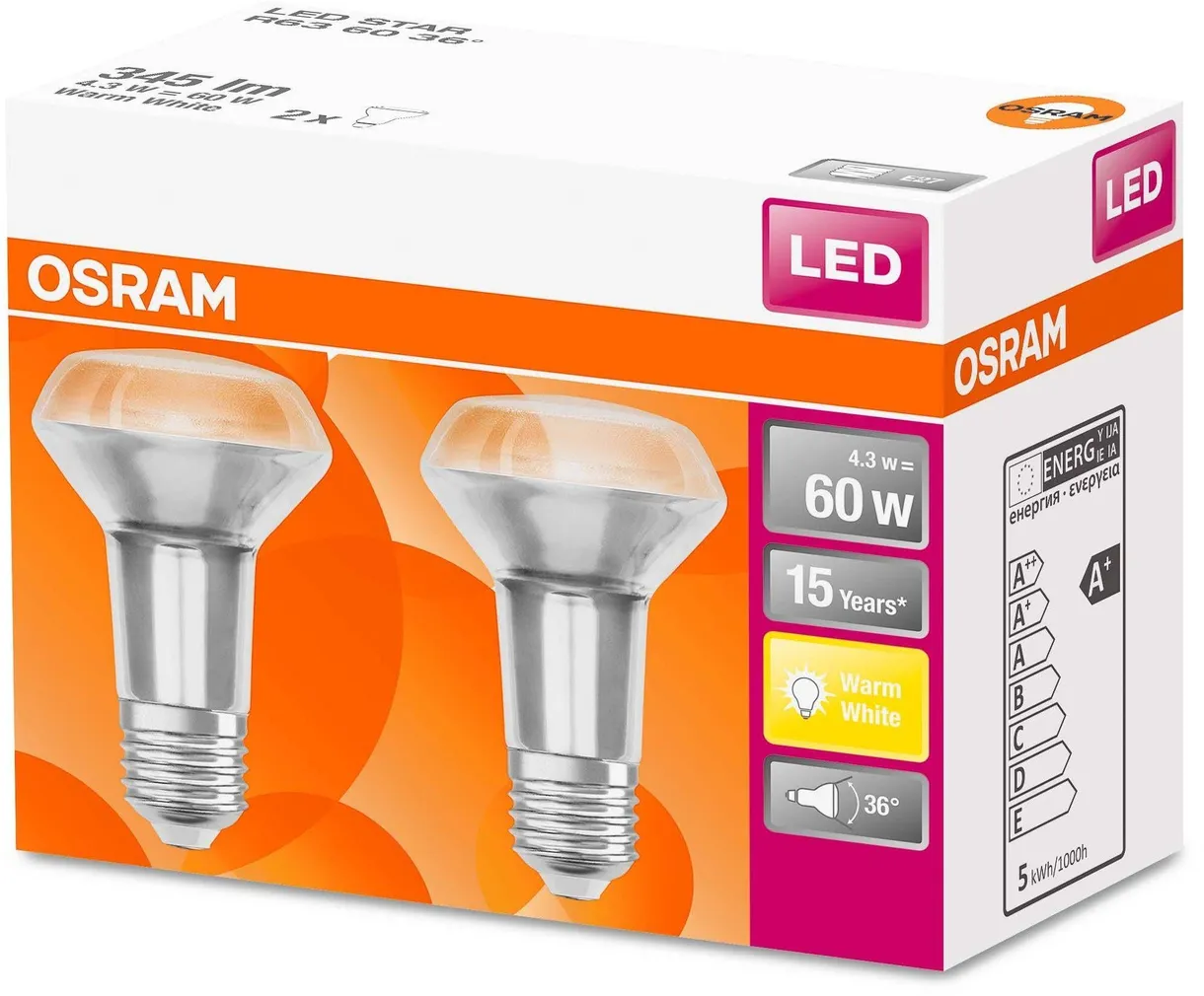 LED LAMP OSRAM LED STAR 4,3W E27 R63 345LM 2700K 2TK PAKIS