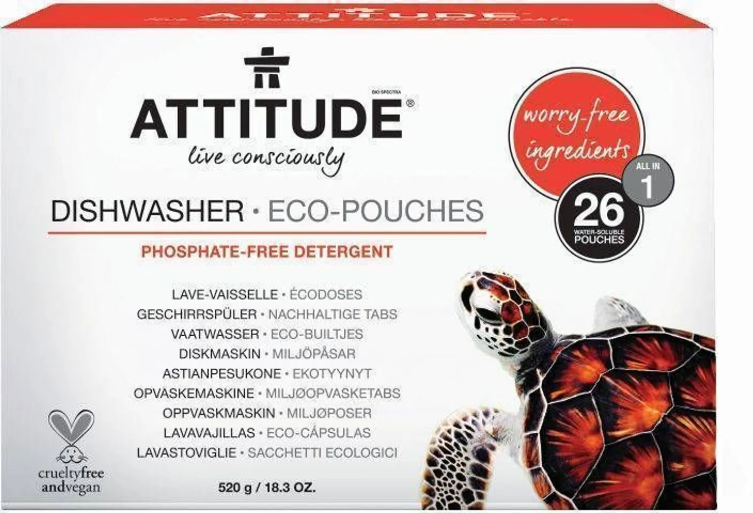 NÕUDEPESUMASINA TABLETID ATTITUDE ECO-POUCHES 520ML LÕHNATU