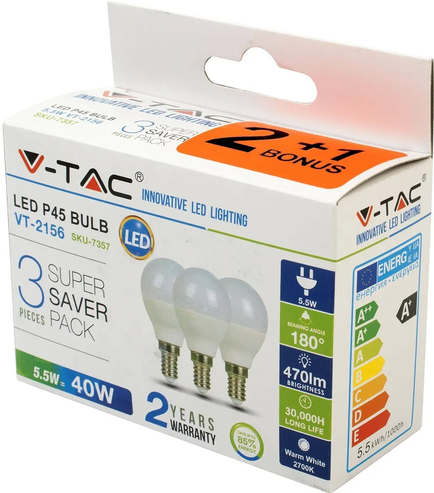 LED LAMP V-TAC 5,5W E14 P45 470LM 3TK PAKIS