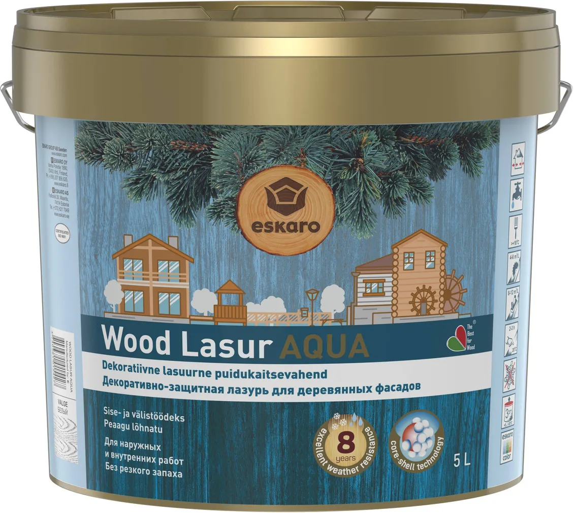 DEKORATIIVNE PUIDUKAITSEVAHEND ESKARO WOOD LASUR AQUA 5L VALGE