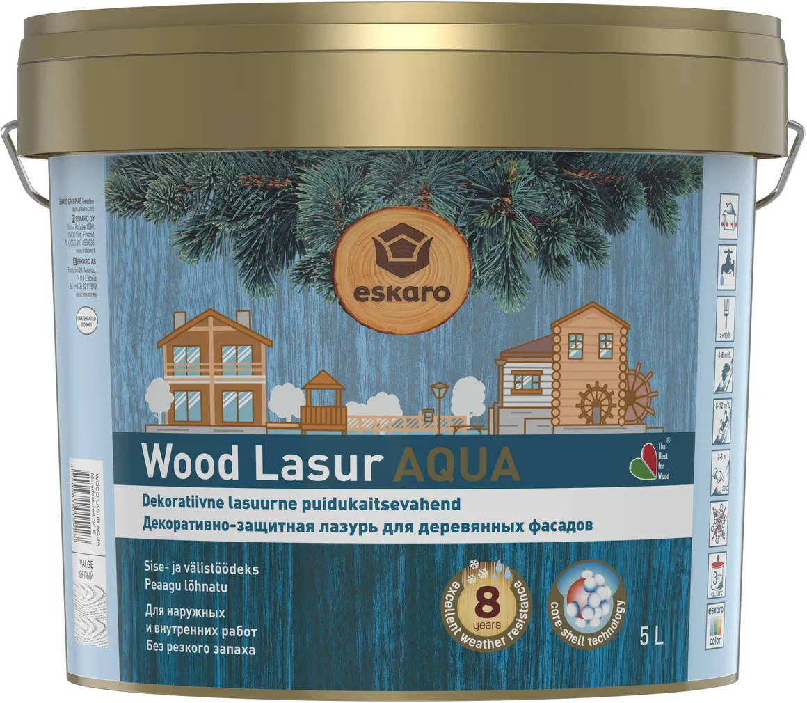 DEKORATIIVNE PUIDUKAITSEVAHEND ESKARO WOOD LASUR AQUA 5L VALGE