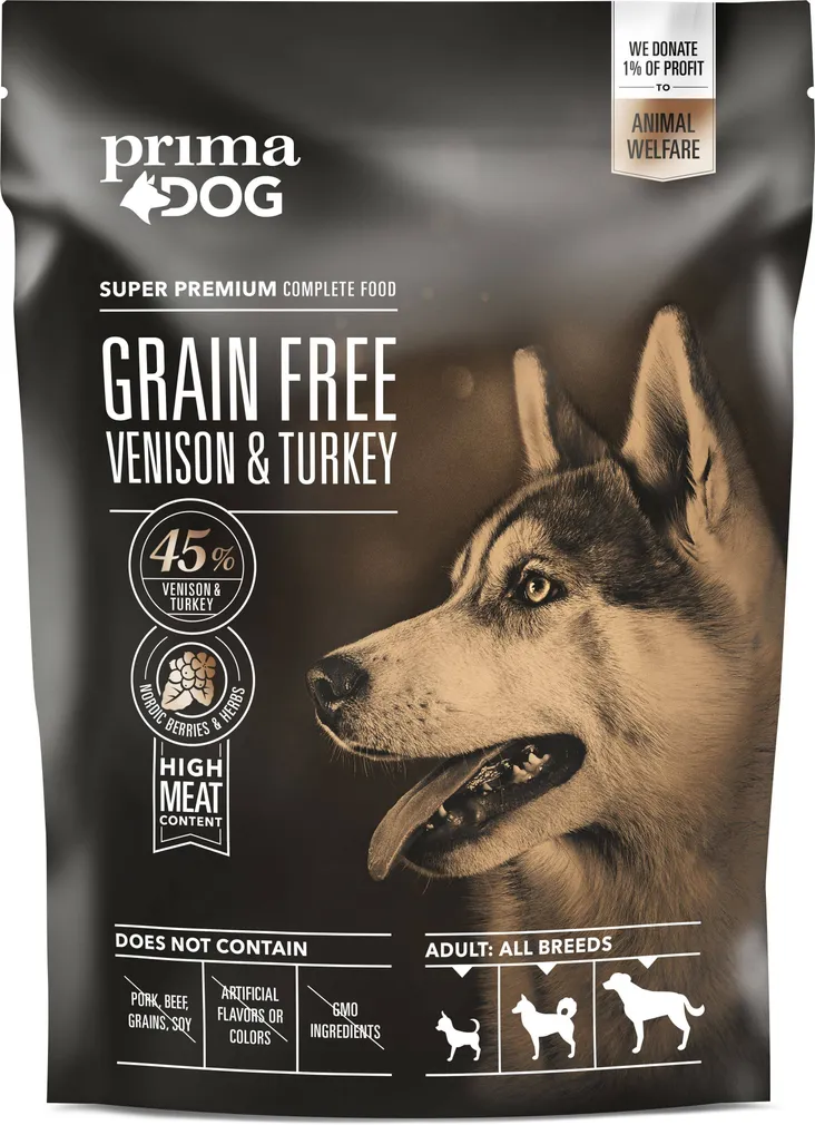 KOERATOIT PRIMADOG GRAINFREE HIRVELIHA-KALKUN TÄISTOIT 1,5KG