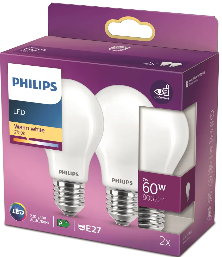 LED LAMP PHILIPS 7 - 60 W A60 E27 MATT KLAAS WW ND 2TK PAKIS