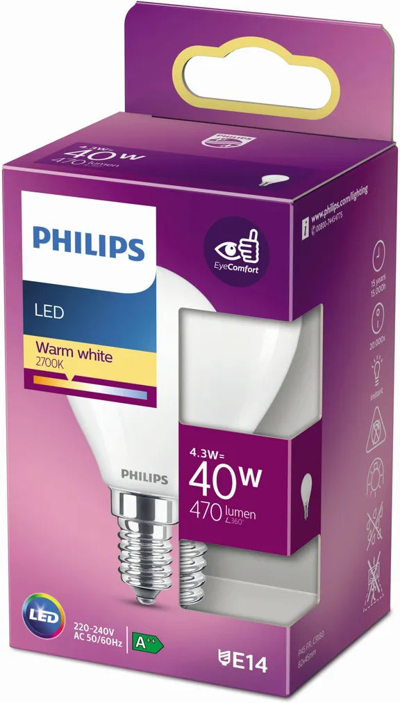 LED LAMP PHILIPS CLASSIC 4,3W P45 E14 MATT 2700K PHILIPS