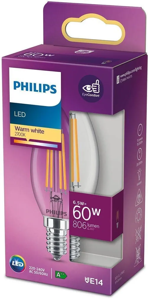 LED LAMP PHILIPS CLASSIC 6,5W E14 B35 FIL KLAAS 2700K PHILIPS