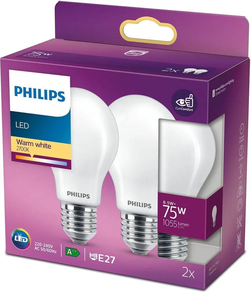 LED LAMP PHILIPS CLASSIC 8,5W A60 E27 MATT 2700K 2TK PAKIS PHILIPS