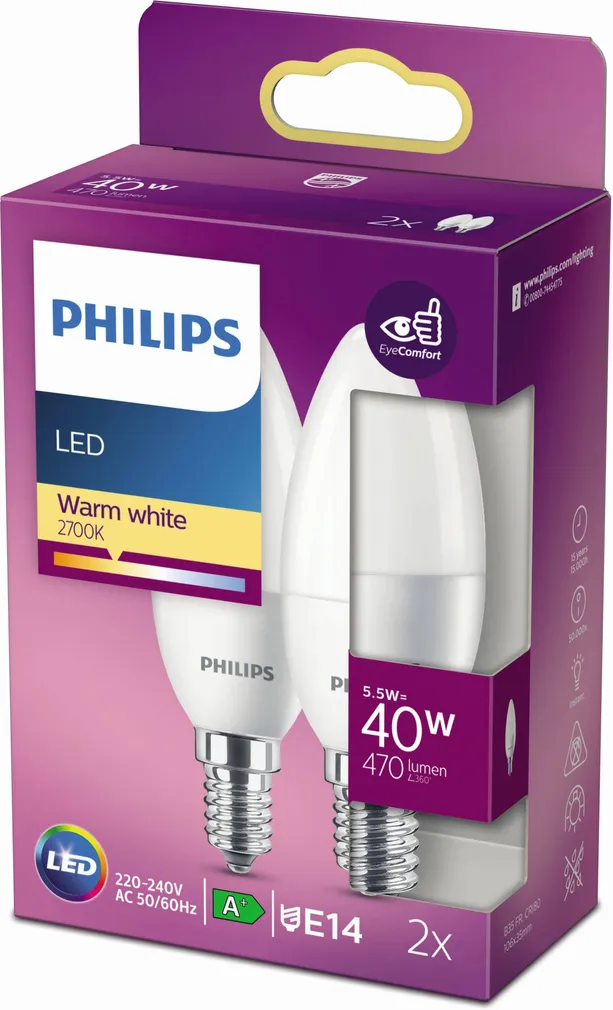 LED LAMP PHILIPS 5,5W B35 E14 2700K MATT 2TK PAKIS PHILIPS