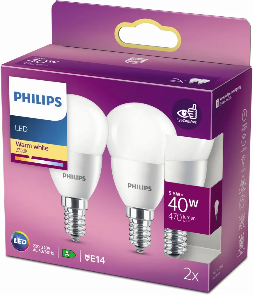 LED LAMP PHILIPS 5,5W P45 E14 2700K MATT 2TK PAKIS PHILIPS