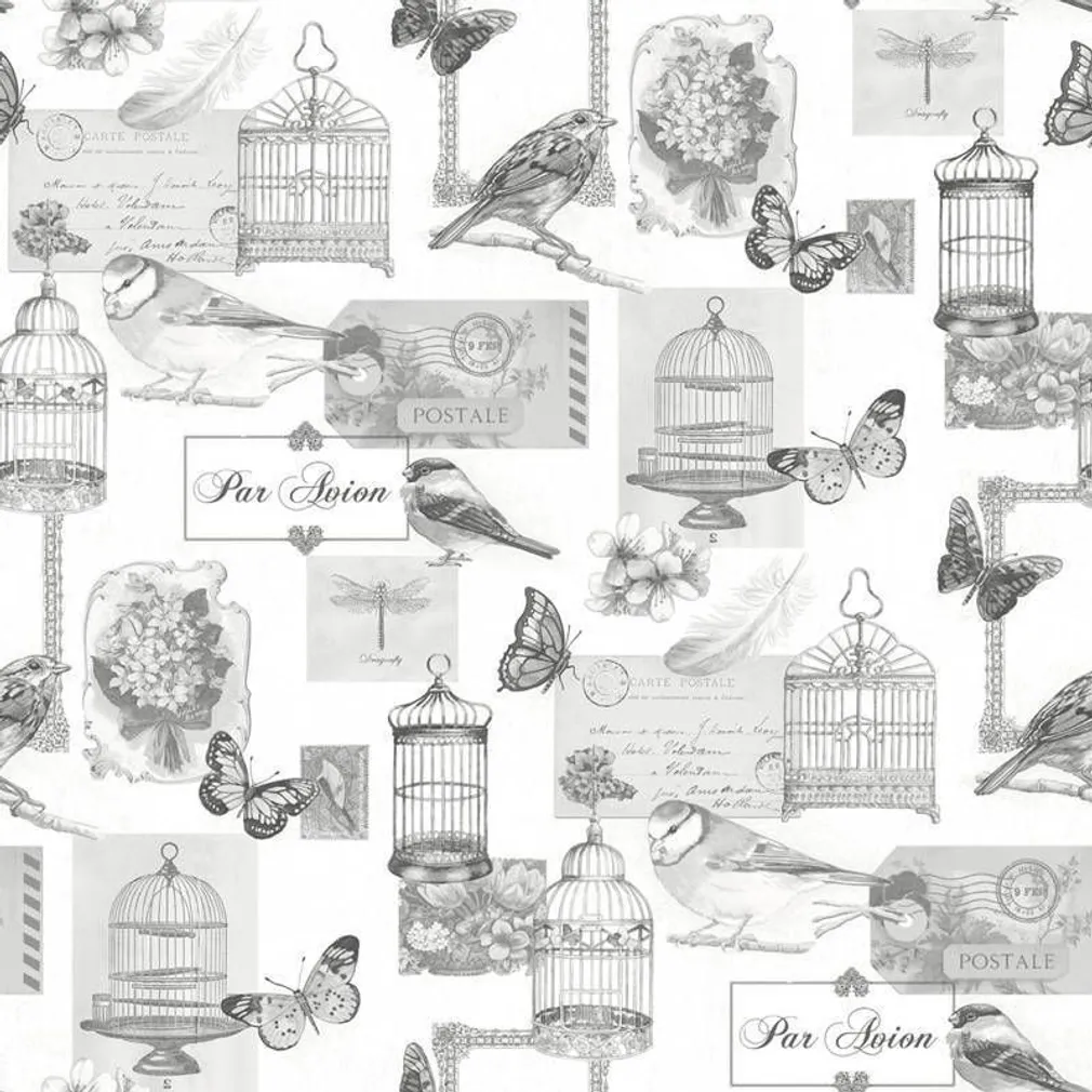 TAPEET DUTCH WALLCOVERINGS SCHUIMVINYL VOGELKOOI WIT/GRIJS
