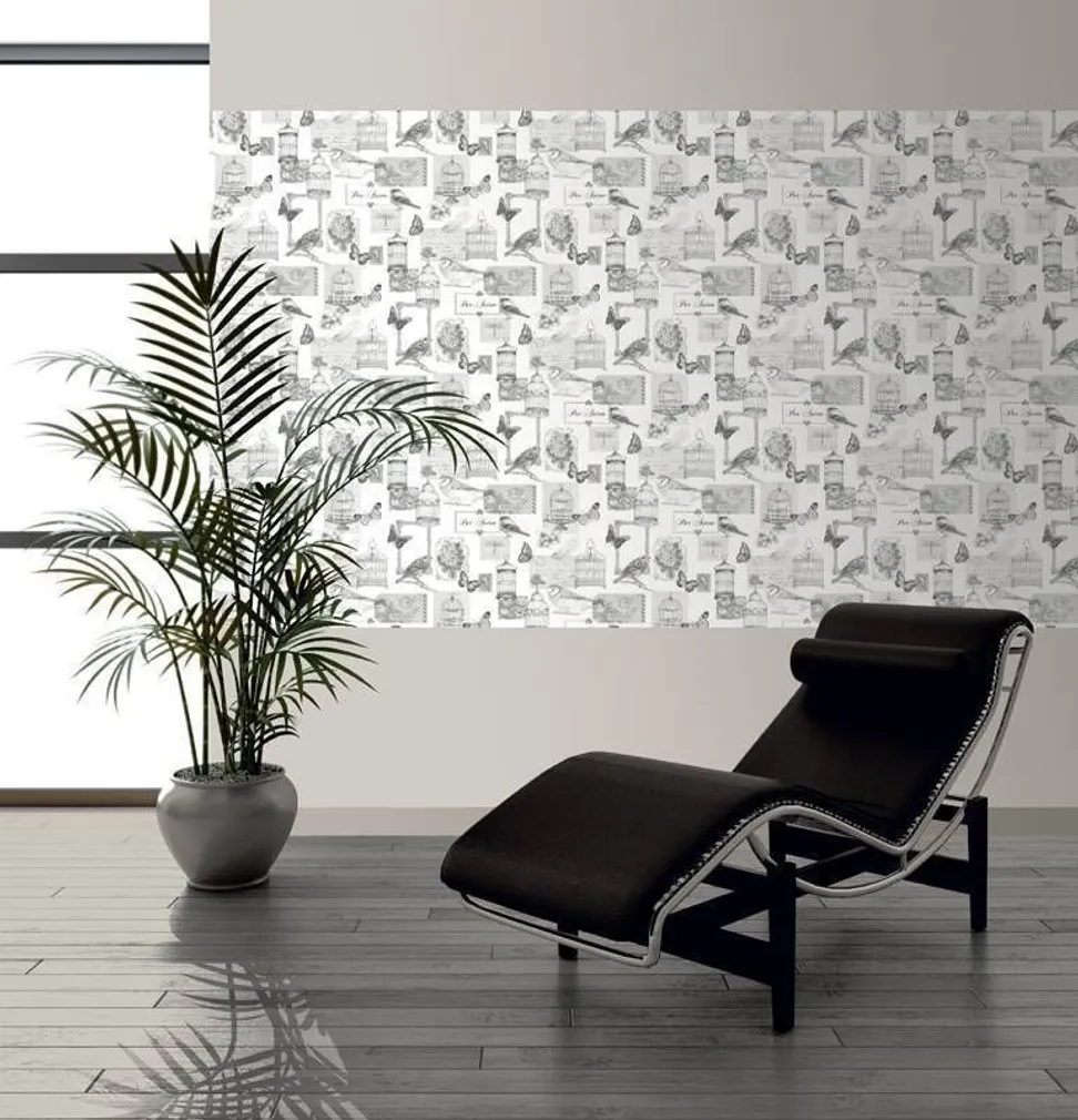 TAPEET DUTCH WALLCOVERINGS SCHUIMVINYL VOGELKOOI WIT/GRIJS