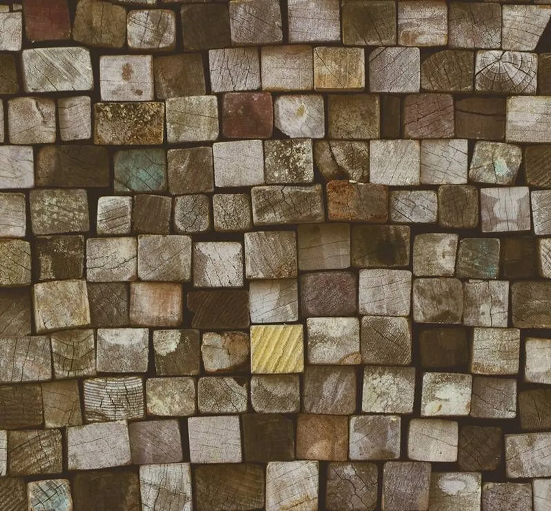 TAPEET DUTCH WALLCOVERINGS VLIESBEHANG HOUTBLOKKEN BRUIN/GROEN