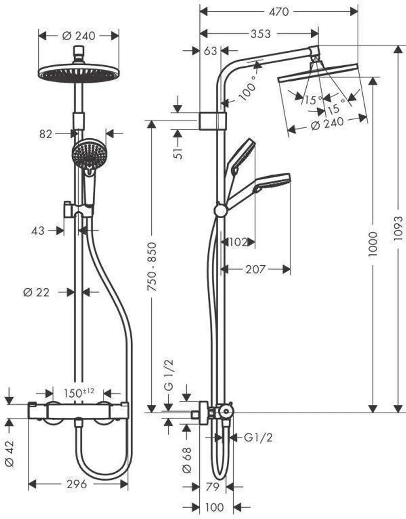 DUŠISEGISTI HANSGROHE CROMETTA S240+JBL TERMOSTAAT ÜLA- JA KÄSIDUŠIGA