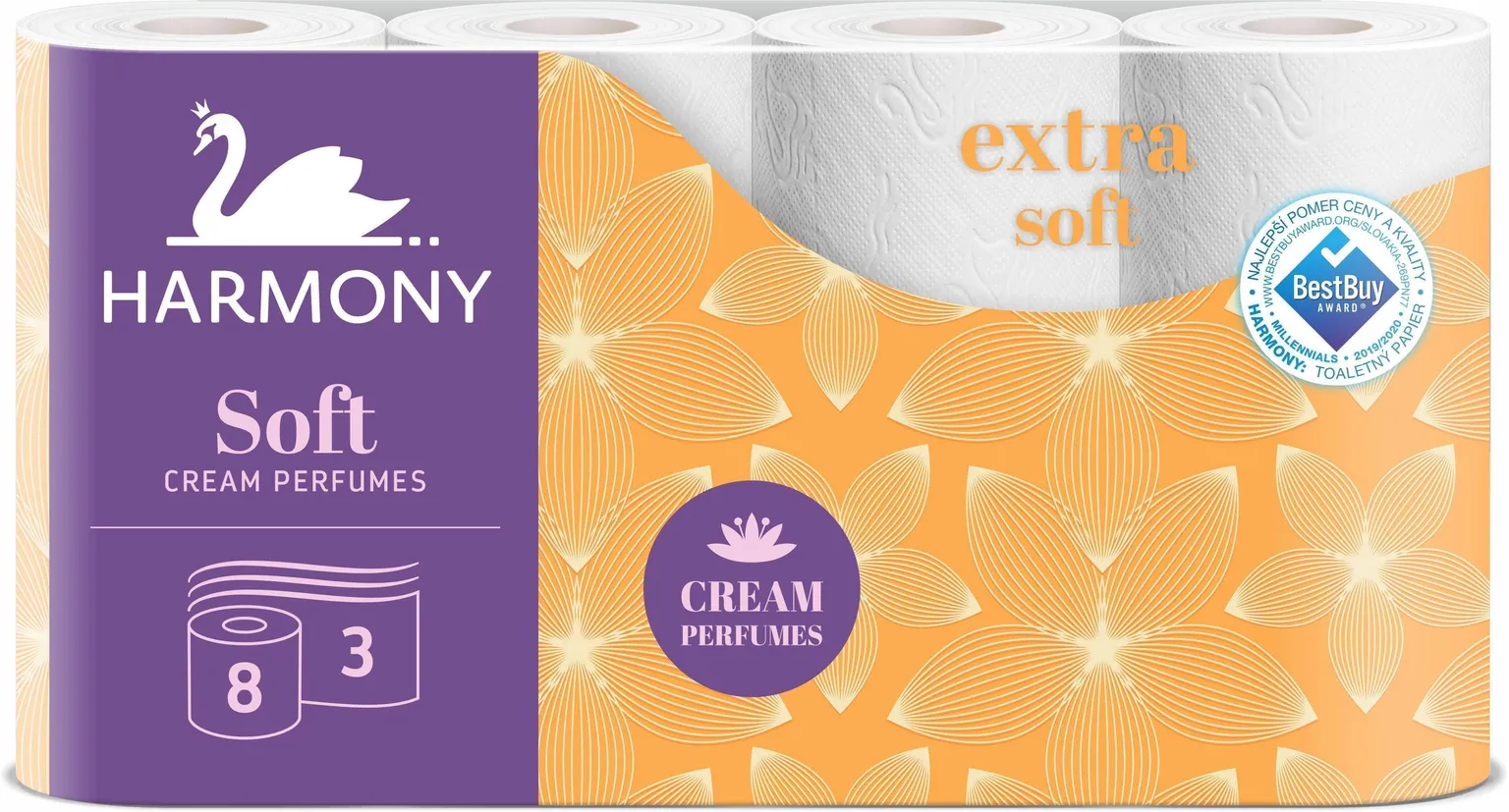 TUALETTPABER HARMONY SOFT CREAM 3-KIHILINE VALGE 8 RULLI