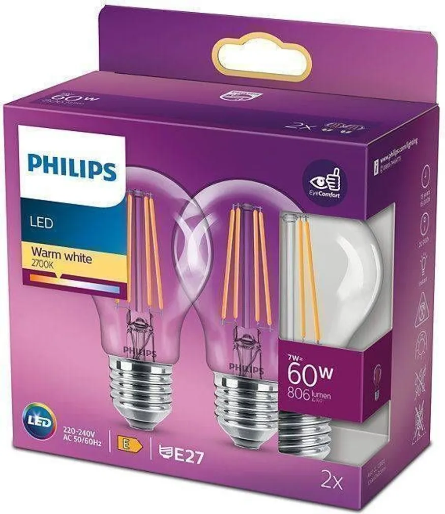 LED LAMP PHILIPS CLASSIC 7-60W A60 E27 2700K FILAMNENT 2TK PAKIS