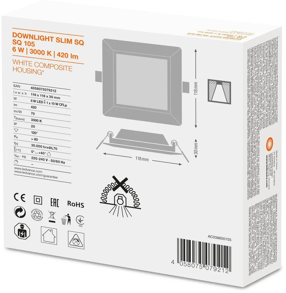 ALLVALGUSTI SLIM SQ105 6W/3000K WT IP20