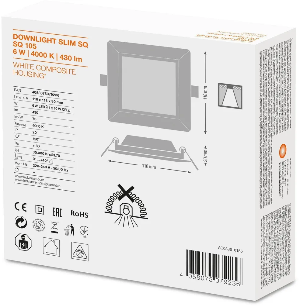 ALLVALGUSTI SLIM SQ105 6W/4000K WT IP20