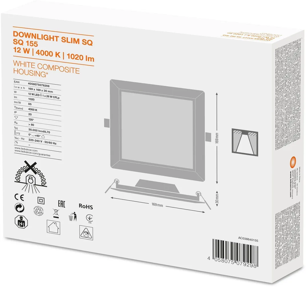 ALLVALGUSTI SLIM SQ155 12W/4000K WT IP20