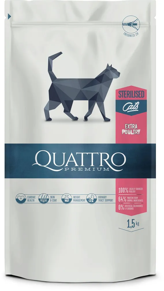 LEMMIKLOOMA KUIVTOIT QUATTRO KASSILE STERILIZED, LINNULIHA 1,5KG