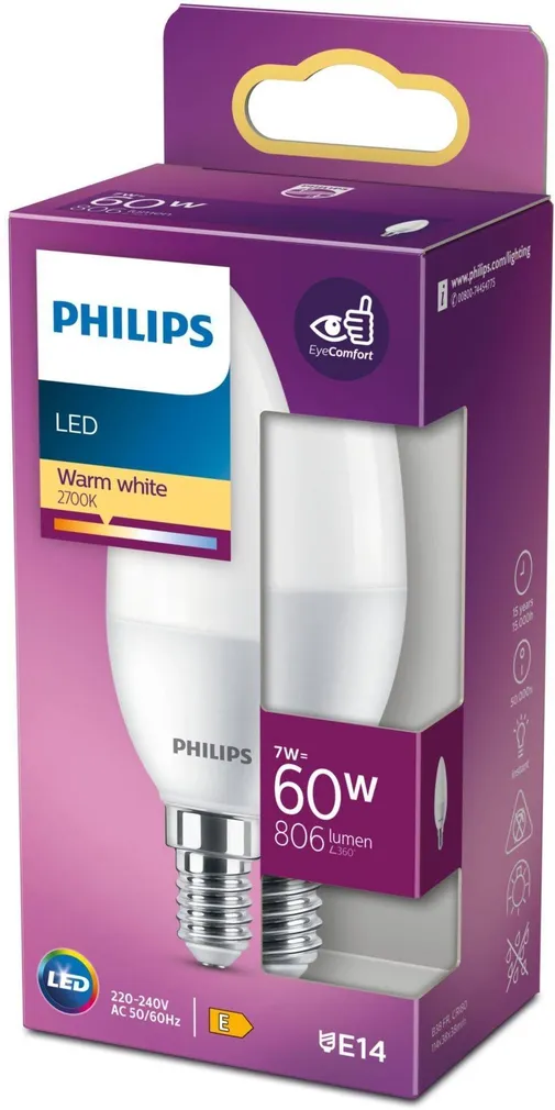 LED LAMP PHILIPS 7W (60W) E14 B38 806LM 2700K