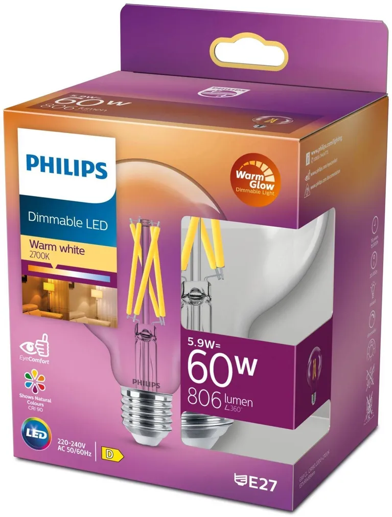 LED LAMP PHILIPS CLASSIC 5,9W (60W) G93 E27 FIL. 2200-2700K WG