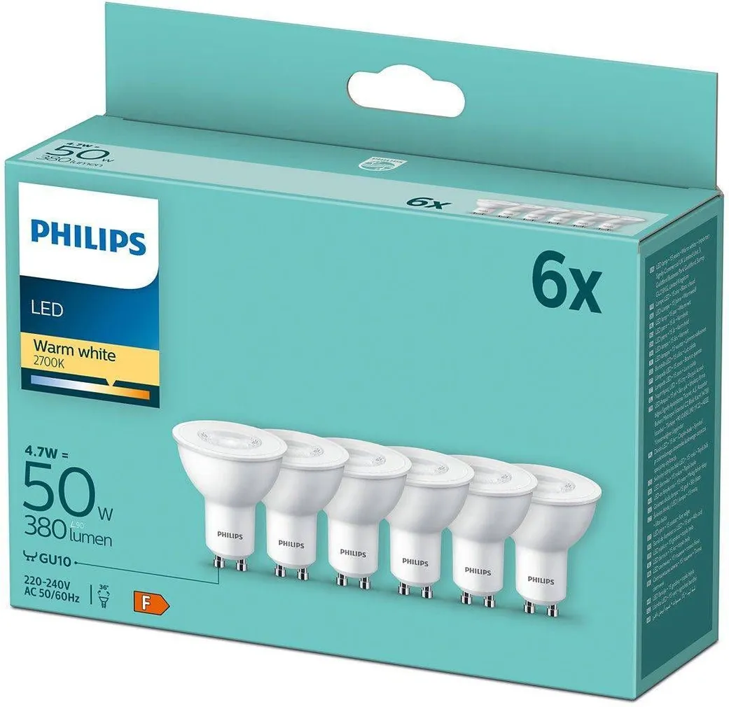 LED LAMP PHILIPS 4,7W (50W) 380LM GU10 2700K 36D 6TK PAKIS