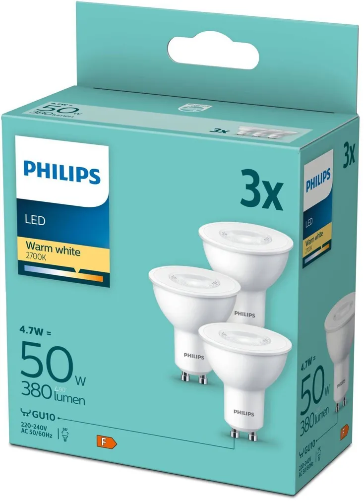 LED LAMP PHILIPS 4,7W (50W) 380LM GU10 2700K 36D 3TK PAKIS