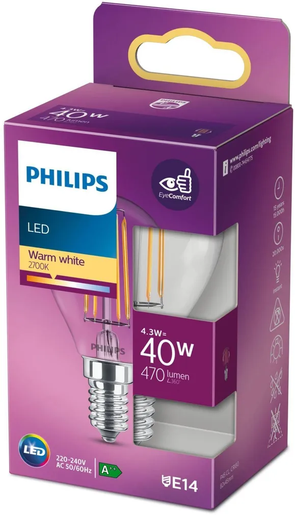 LED LAMP PHILIPS CLASSIC FILAMENT 4,3W E14 P45 470LM