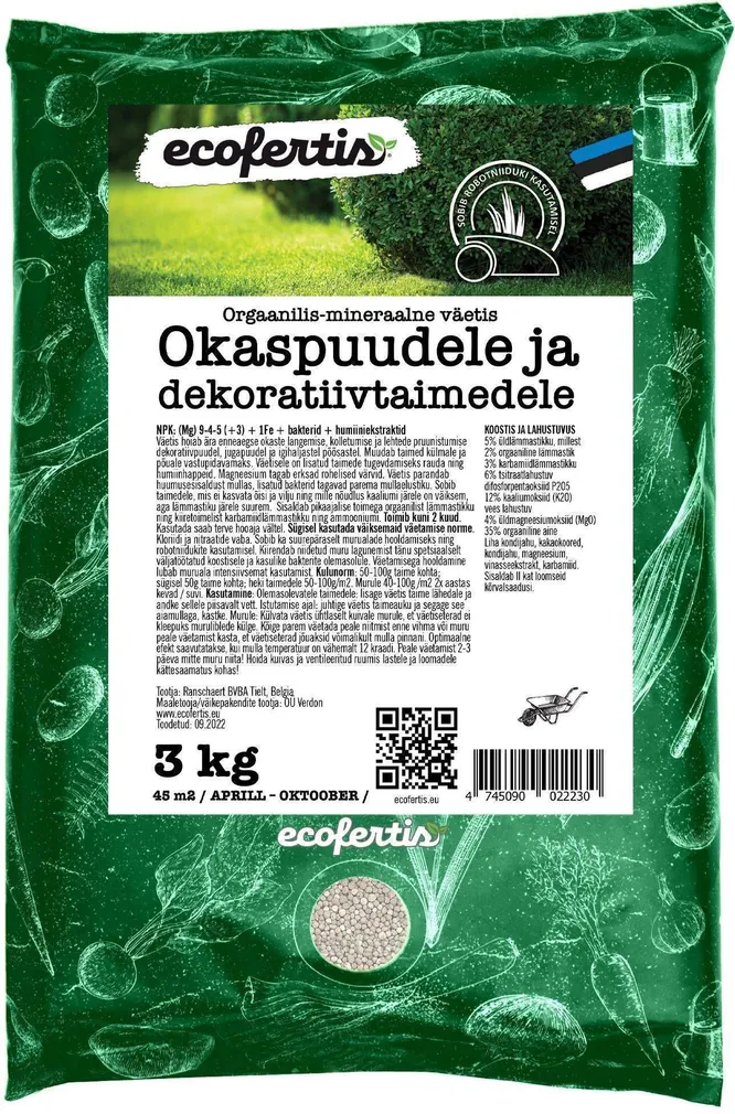 VÄETIS ECOFERTIS OKASPUUDELE JA DEKORATIIVTAIMEDELE 3KG