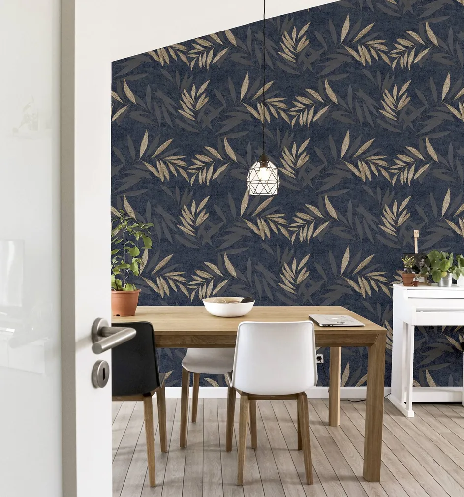 TAPEET ARTHOUSE LUXURY LEAF NAVY CHAMPAGNE 0,64X10,05M