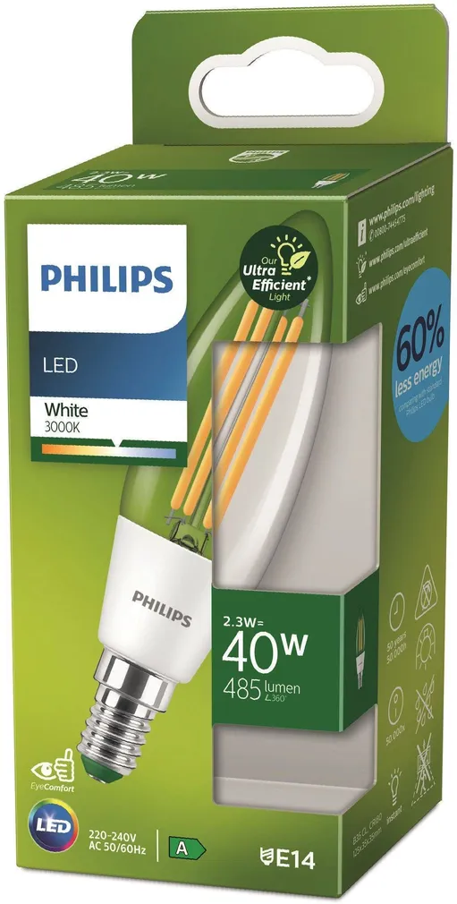 LED LAMP PHILIPS ULTRA 2,3W E14 B35 3000K 485LM