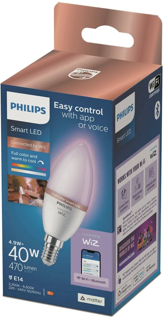 LED LAMP PHILIPS SMART 4,9W E14 C37 2200-6500 RGB 470LM WIFI BT
