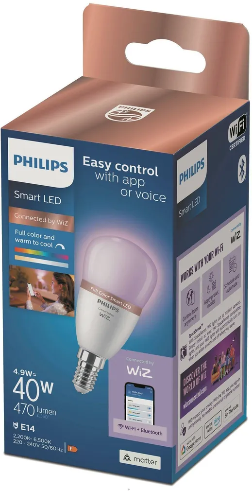 LED LAMP PHILIPS SMART 4,9W E14 P45 2200-6500 RGB 470LM WIFI BT