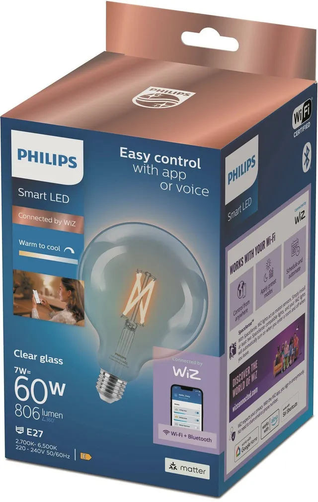 LED LAMP PHILIPS SMART 7W E27 G125 2700-6500 806LM WIFI BT