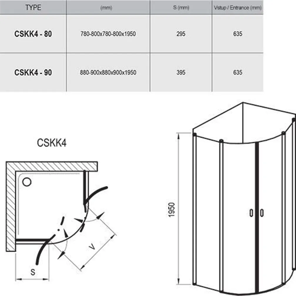 DUŠINURK RAVAK CHROME CSKK4-90, 90X195CM SATIIN, ALUSETA