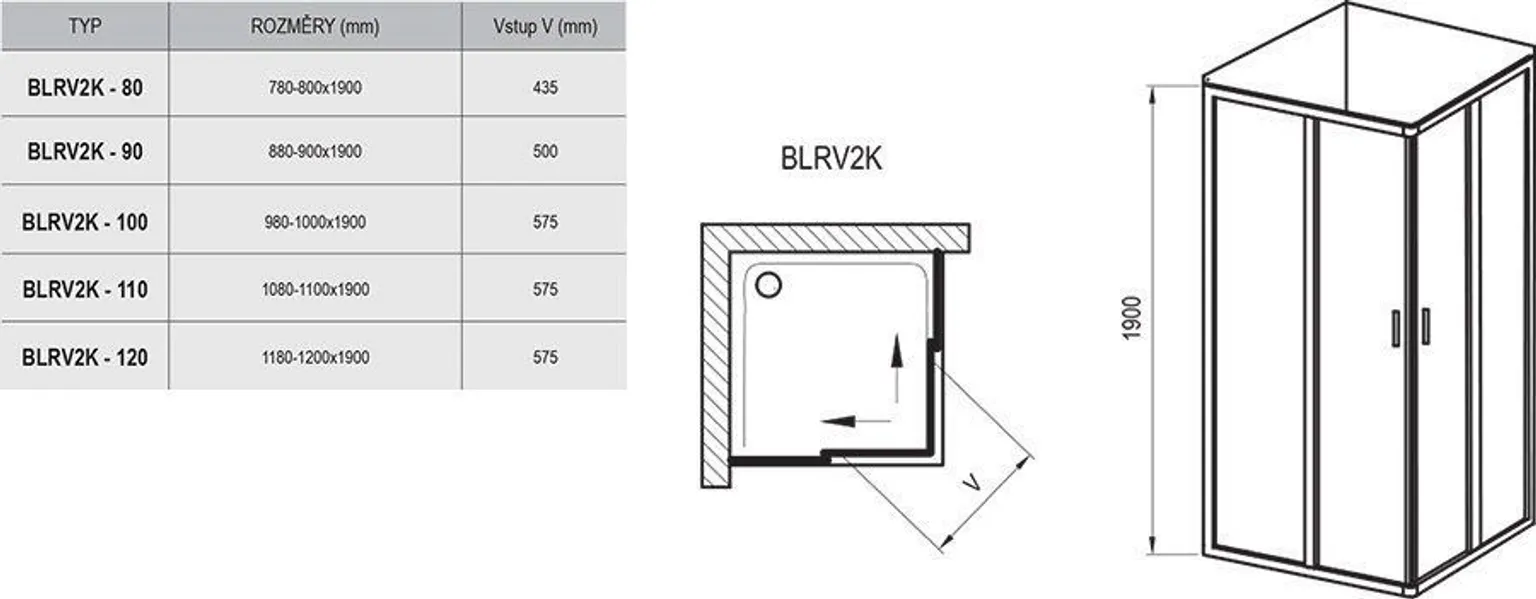 DUŠINURK RAVAK BLIX BLRV2K-100, 100X190CM, SATIIN