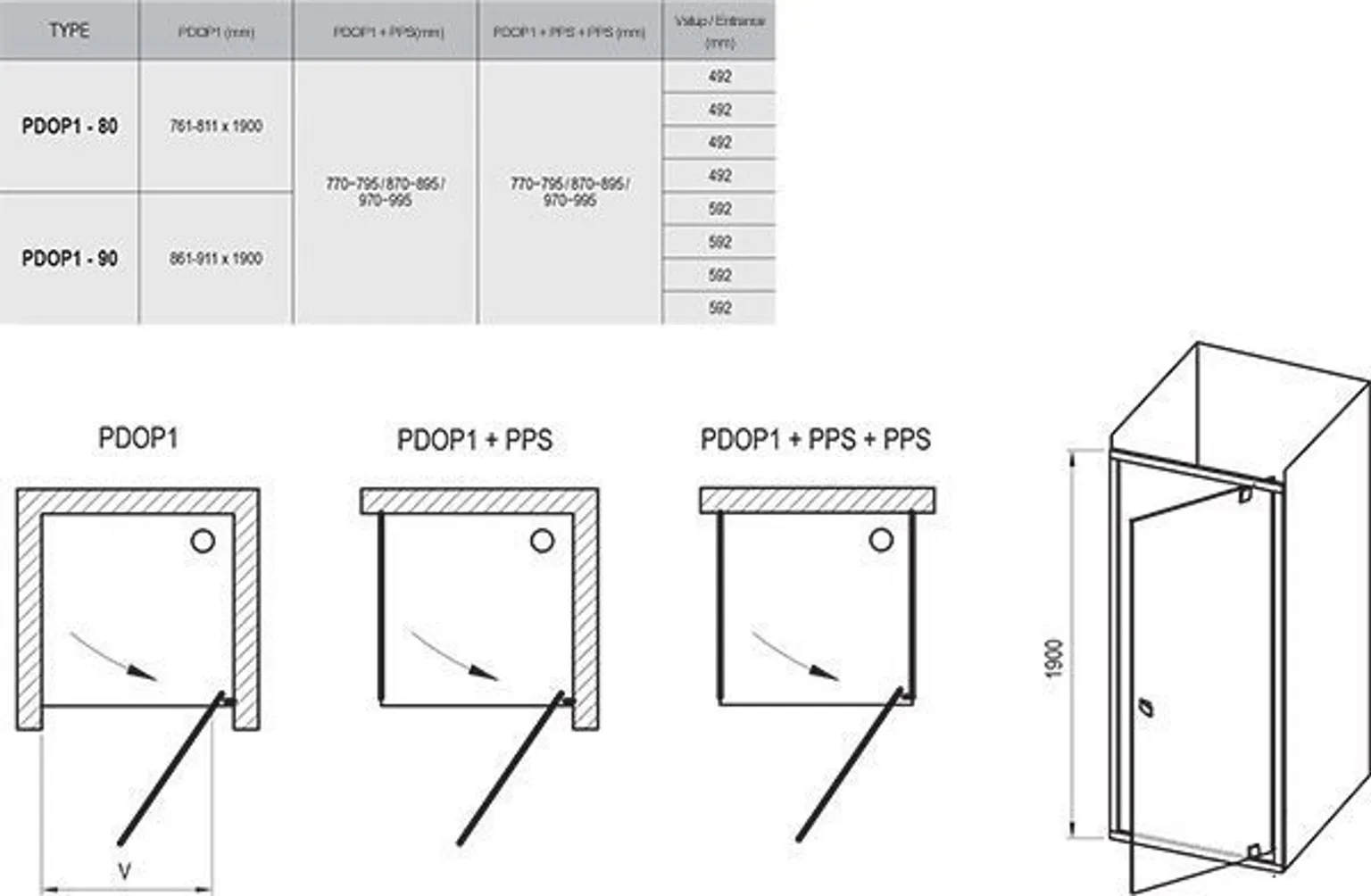 DUŠIUKS RAVAK PIVOT PDOP1-80, 80X190CM, MUST