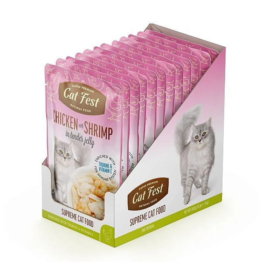 MÄRGTOIT KASSIDELE CATFEST KANA JA KREVETT ŽELEES 12X70G