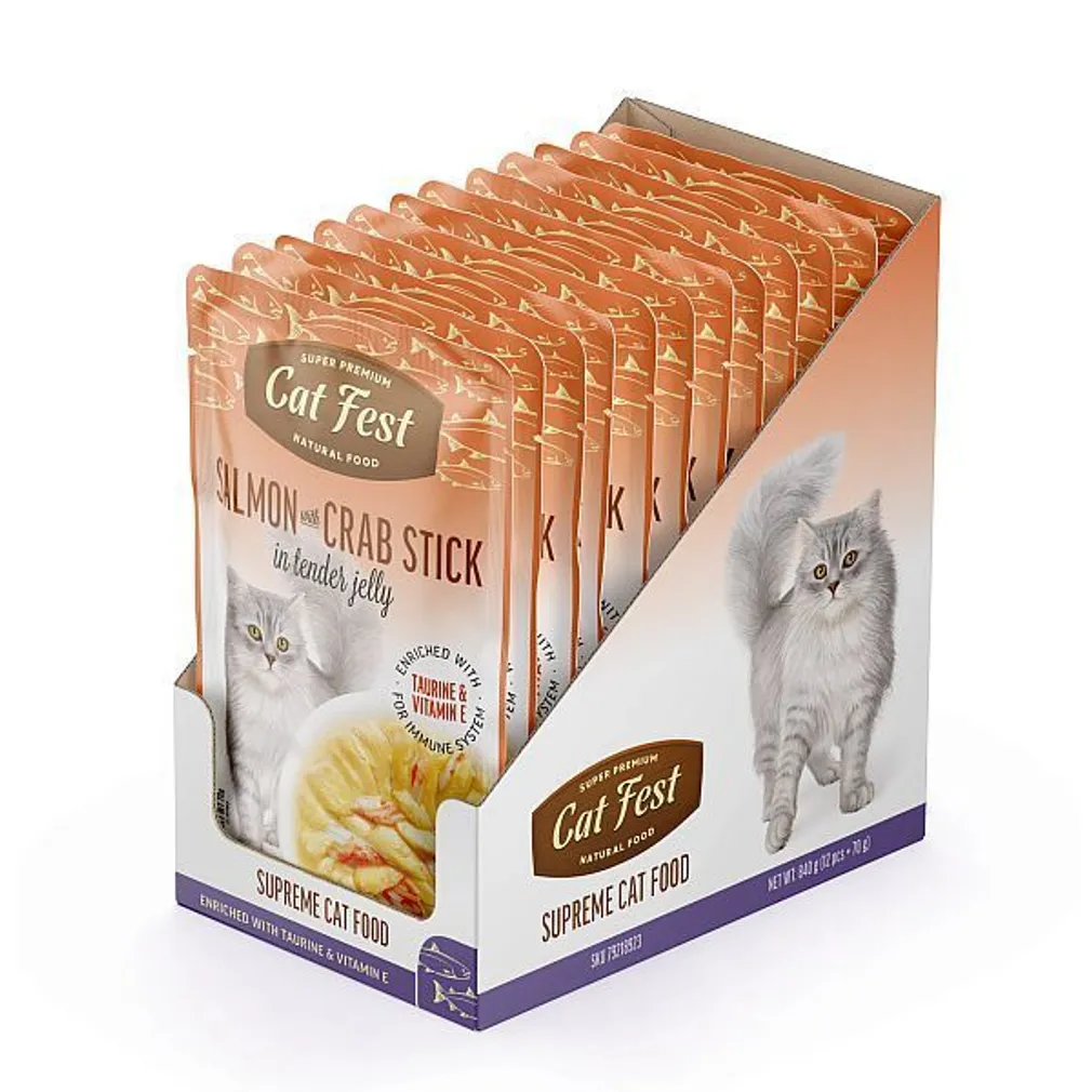 MÄRGTOIT KASSIDELE CATFEST LÕHE JA KRABIPULGAD ŽELEES 12X70G