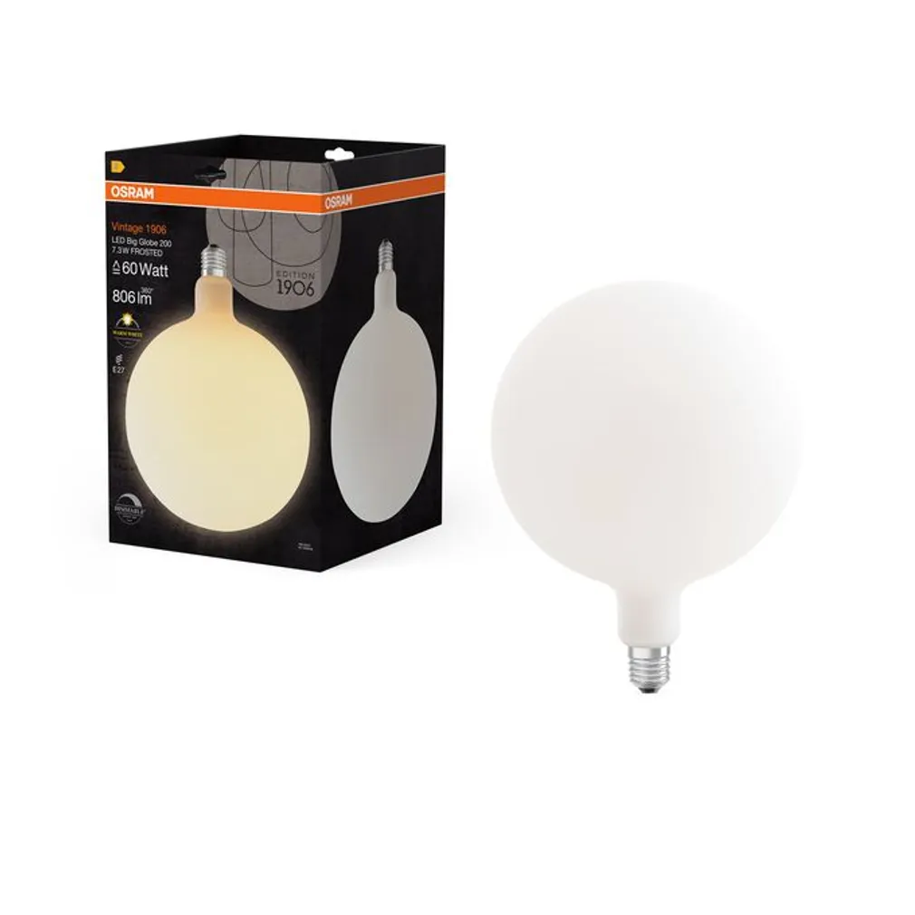 LED LAMP OSRAM BIG GLOBE 200 7,3W E27 806LM 2700K VALGE